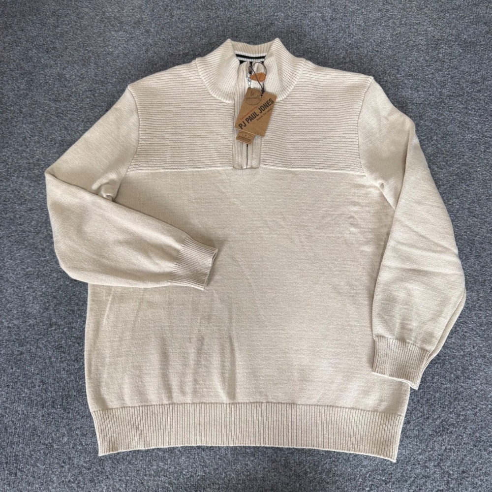 PJ Paul Jones Mens Quarter Zip Sweater Beige Ribbed Mock Neck Pullover Large NEW